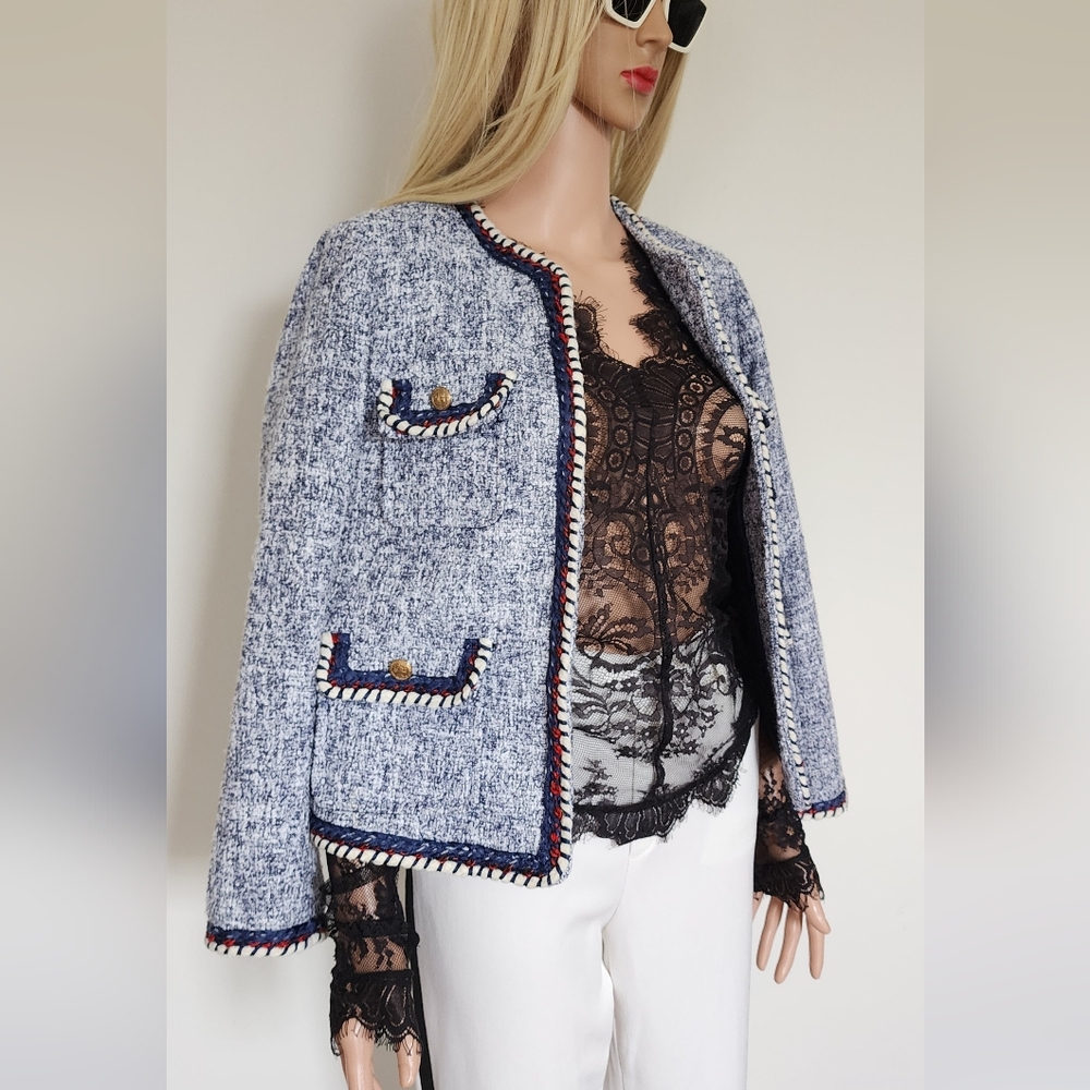 ZARA BLAZER NAVY BLUE RED WHITE TEXTURED BLAZER SHORT MEDIUM